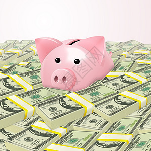 粉红色可爱的储蓄罐钱保险箱堆美元背景矢量插图图片