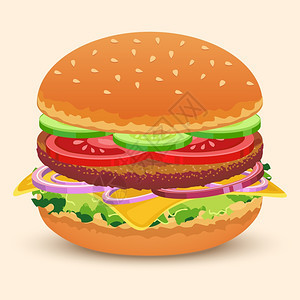 汉堡三明治与肉奶酪,番茄,生菜,包,黄瓜矢量插图图片
