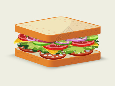 意大利腊肠三明治食品标志与番茄沙拉,黄瓜,洋葱,奶酪分离矢量插图图片