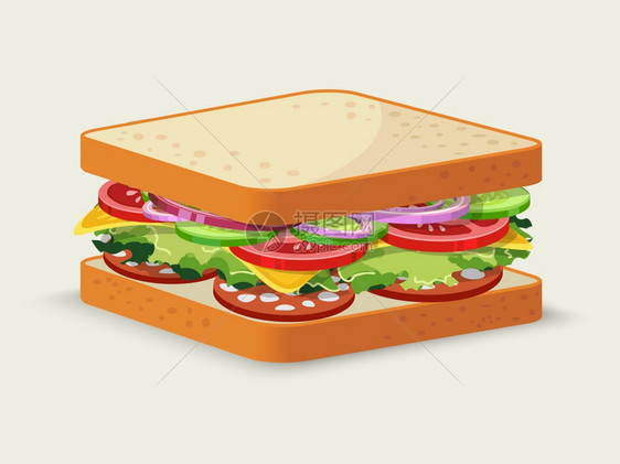 意大利腊肠三明治食品标志与番茄沙拉,黄瓜,洋葱,奶酪分离矢量插图图片