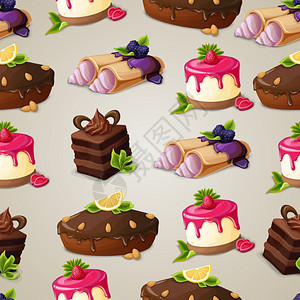 装饰糖果甜点无缝图案与分层蛋糕奶油矢量插图图片