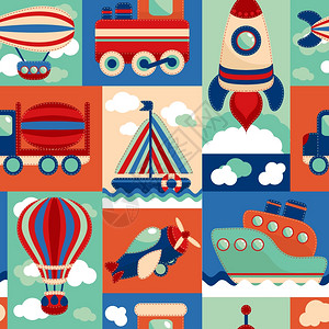 玩具运输卡通无缝图案与飞机航标帆船矢量插图图片