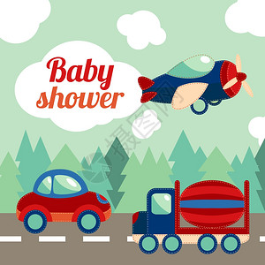 玩具运输道路上与森林背景婴儿淋浴邀请卡矢量插图图片