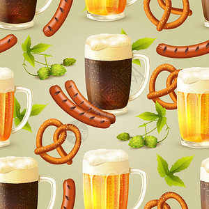 璃杯的啤酒深色啤酒花椒盐卷饼香肠无缝图案矢量插图图片