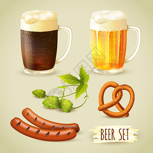 璃杯的啤酒杯深色啤酒花椒盐卷饼香肠小吃装饰集矢量插图图片
