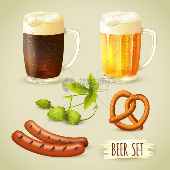 璃杯的啤酒杯深色啤酒花椒盐卷饼香肠小吃装饰集矢量插图图片