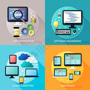 业务流程的SEO优化软件工程云计算网页图标矢量插图图片