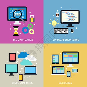 业务流程的SEO优化编程云计算移动网站图标矢量插图图片