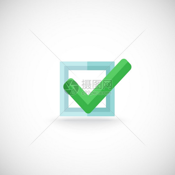装饰蓝色方形轮廓复选框绿色勾选批准确认Chek标记互联网符号象形文字矢量插图图片