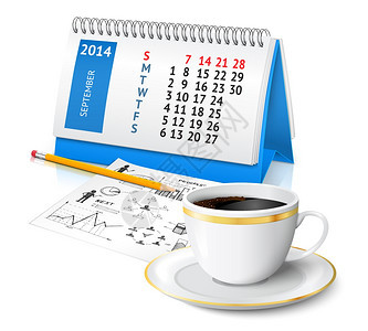 螺旋办公桌办公日历与商业计划草图咖啡杯矢量插图图片
