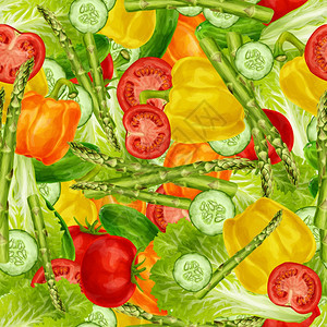 蔬菜机食品混合无缝背景与钟椒番茄芦笋矢量插图图片