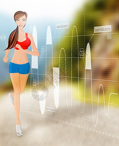 技术背景矢量插图上轻感迷人的轻跑步慢跑妇女的全长肖像图片