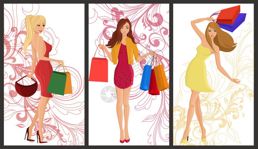 购物女孩轻感女与时尚袋垂直横幅与漩涡装饰矢量插图图片