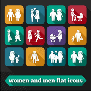男女家庭平图标约会夫妇婚姻婴儿孤立矢量插图图片