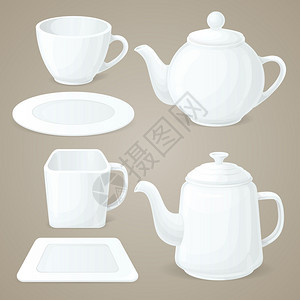逼真的白色陶器套茶壶咖啡杯分离矢量插图图片
