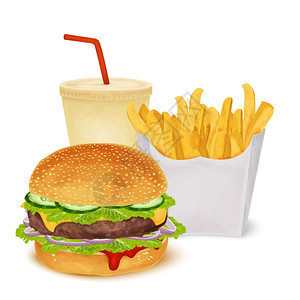 快餐套餐汉堡薯条饮料隔离白色背景矢量插图图片