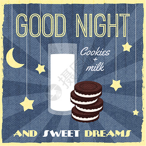 甜梦复古海报与饼干甜点牛奶矢量插图图片