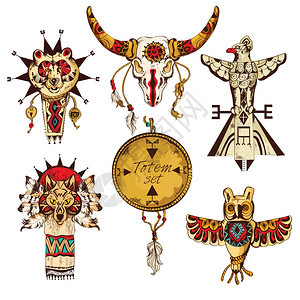 美洲民族部落动物图腾彩色素描装饰元素矢量插图图片