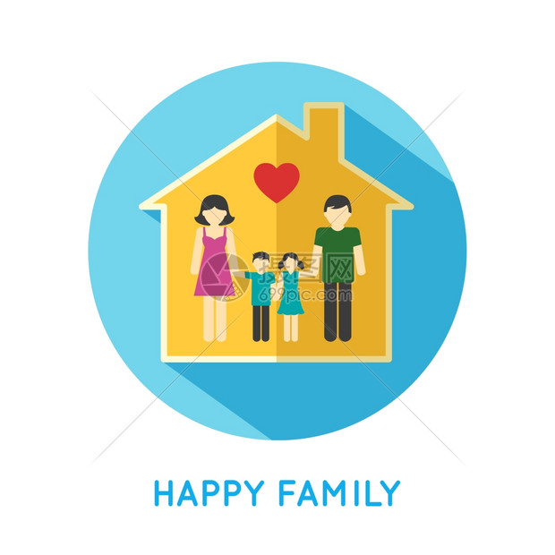 幸福家庭平图标与父母两个孩子家里矢量插图图片
