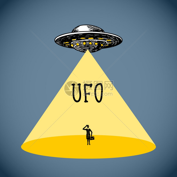 UFO飞碟素描与人类剪影场景光海报矢量插图图片