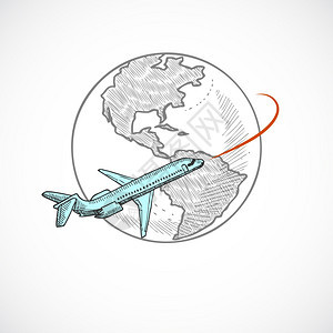 飞机喷气式飞机地球周围飞行,素描图标隔离白色背景矢量插图上图片