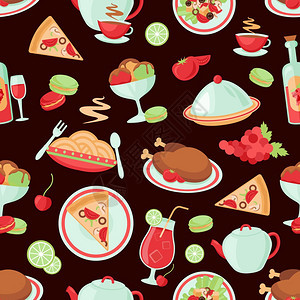 餐厅食物饮料菜单鸡肉冰淇淋菜肴无缝图案矢量插图图片