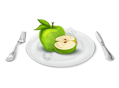 白色写实餐盘与苹果刀叉隔离白色背景矢量插图上图片
