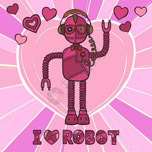 粉色时髦机器人,复古时尚,人形,海报矢量插图图片