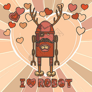 时髦的机器人嬉皮士复古人形与胡子心背景海报矢量插图图片