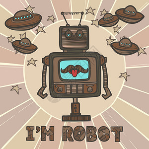 时髦的机器人嬉皮士复古人形与胡子背景海报矢量插图图片