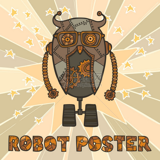 齿轮复古机器人嬉皮士与眼镜明星背景海报矢量插图图片
