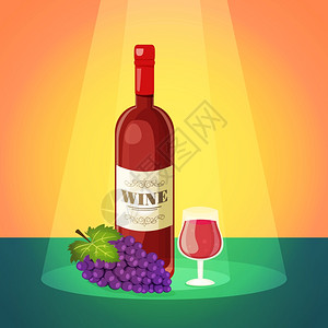 红色葡萄装饰淡干红葡萄酒餐厅酒吧广告海报与酒杯葡萄集群抽象矢量插图插画
