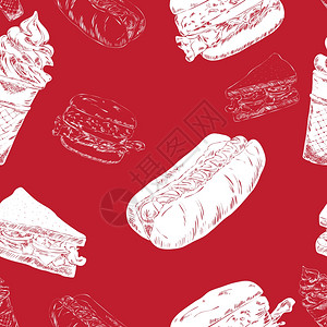 红色无缝背景与热狗汉堡快餐草图图标矢量插图图片