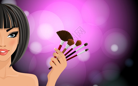 漂亮的女人,黑色的头发,着紫色闪亮的背景矢量插图上的化妆设备图片