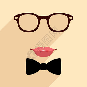 嘴唇眼镜领结平风格的时尚复古时尚矢量插图图片