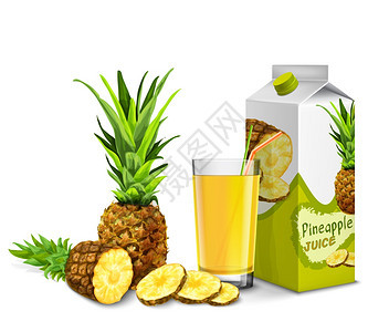 现实菠萝汁璃与鸡尾酒吸管纸包分离白色背景矢量插图图片