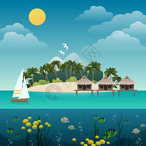 热带岛屿海景与游艇沙滩背景矢量图图片