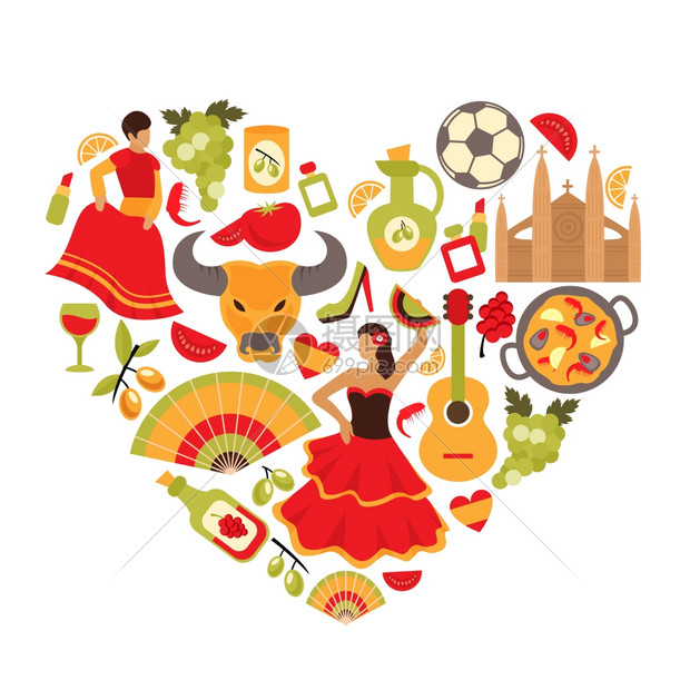 装饰西牙文化传统弗拉门戈舞蹈食品葡萄藤标志心形印刷海报抽象矢量插图图片