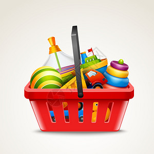 装饰儿童玩具塑料红色购物篮隔离白色背景矢量插图图片