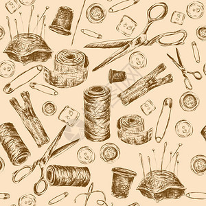 缝纫草图无缝图案与线轴针枕剪刀矢量插图图片