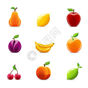 光泽风格集梨柠檬香蕉樱桃水果图标矢量插图图片