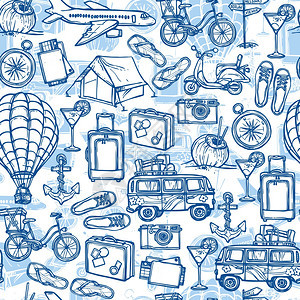 旅游度假蓝色手绘无缝图案与旅游交通矢量插图图片