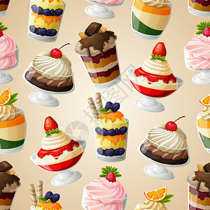 矢量牡丹装饰糖果甜点食品无缝图案与巧克力慕斯潘娜科塔树莓奶油矢量插图插画