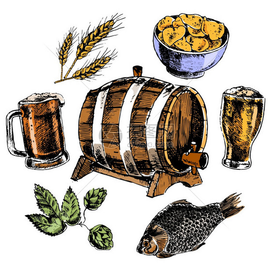 啤酒图标橡木桶跳麦芽大麦粒小吃彩色象形文字孤立矢量插图图片