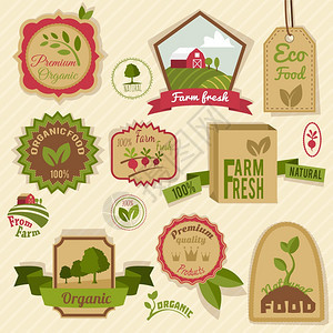 农场新鲜天然产品机农业食品复古标签矢量插图图片