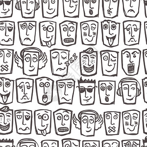 困惑表情素描表情符号人脸表情人物无缝图案矢量插图插画
