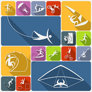 极限运动图标平帆船自行车风筝人矢量插图图片
