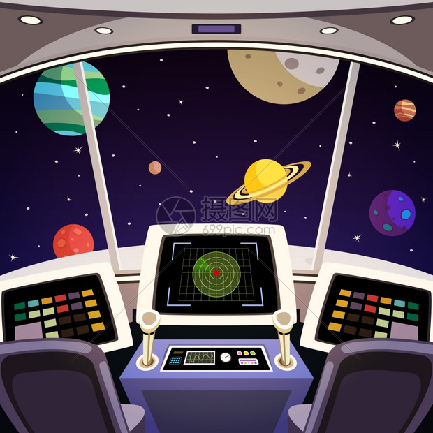 飞行宇宙飞船舱室未来派内部卡通与背景矢量插图图片