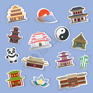 中国房屋传统文化符号贴纸孤立矢量插图图片