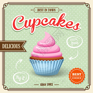 甜食甜点纸杯蛋糕咖啡馆复古纸海报矢量插图背景图片